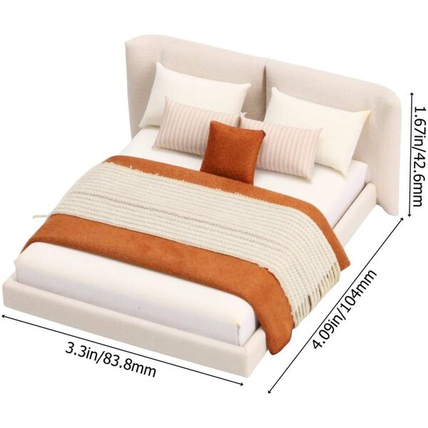 Letto Miniatura 1/12 Marrone con Biancheria per Casa delle Bambole 3TVol