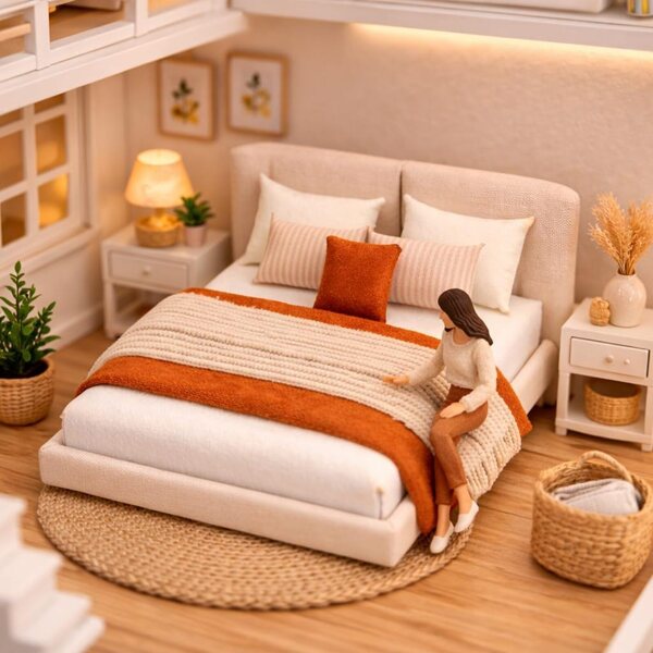 Letto Miniatura 1/12 Marrone con Biancheria per Casa delle Bambole 3TVol