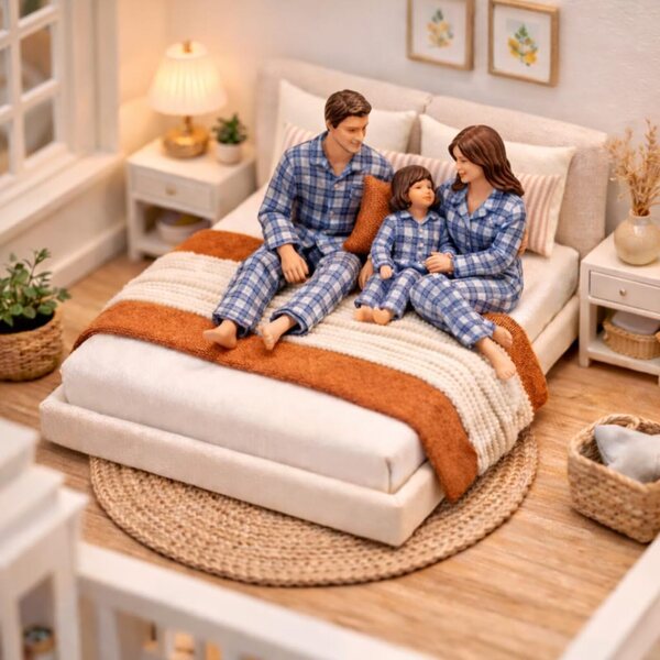 Letto Miniatura 1/12 Marrone con Biancheria per Casa delle Bambole 3TVol