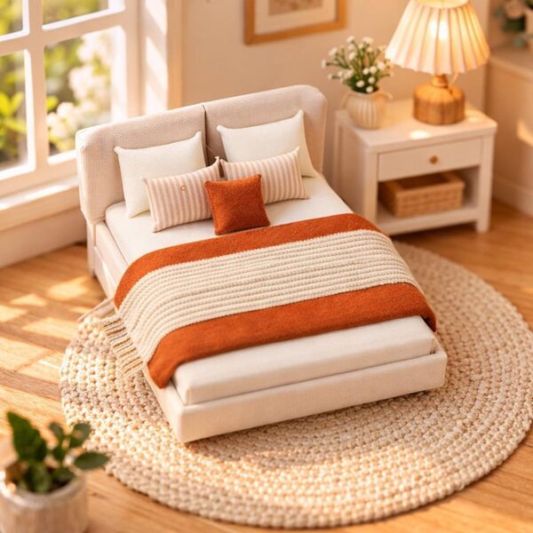 Letto Miniatura 1/12 Marrone con Biancheria per Casa delle Bambole 3TVol