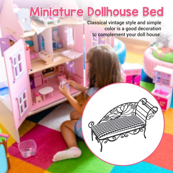 Dilwe Letto Miniatura in Ferro 1:12 Stile Vintage per Casa delle Bambole Nera