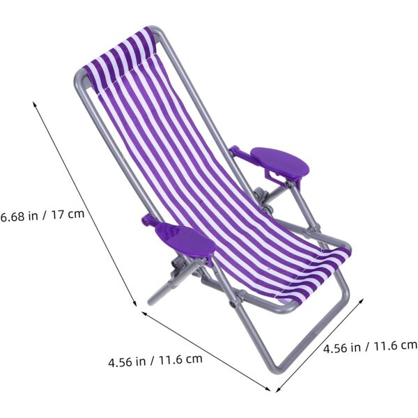 Sedia da spiaggia pieghevole in miniatura per casa delle bambole con motivo a strisce viola