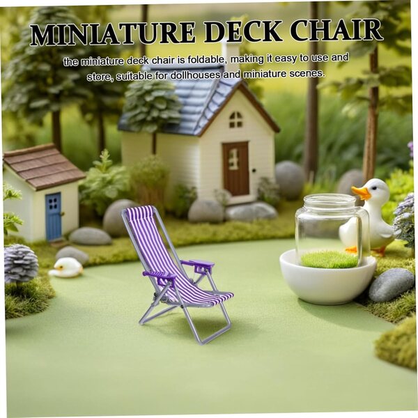 Sedia da spiaggia pieghevole in miniatura per casa delle bambole con motivo a strisce viola
