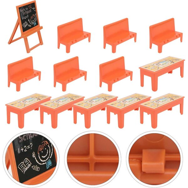 Alasum Mini Set Mobili per Casa delle Bambole: 13 pezzi Lavagna, Scrivanie e Sedie Scolastiche