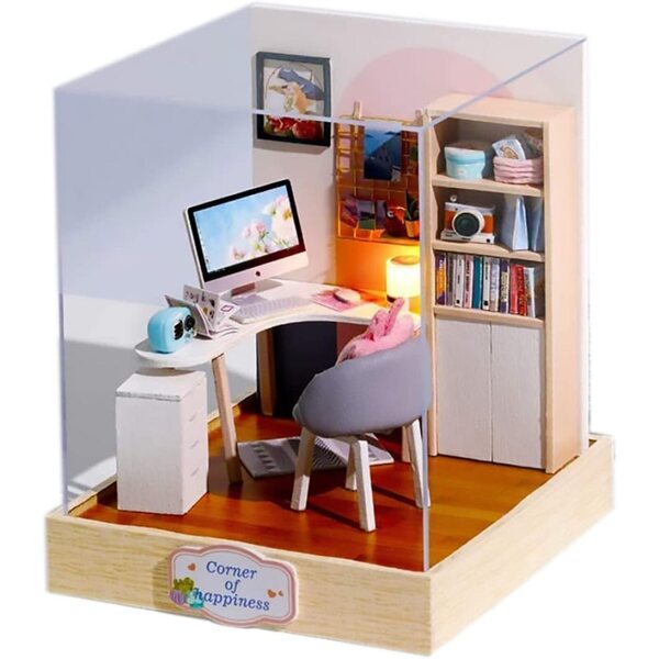 Casa delle Bambole in Miniatura Fai da Te in Legno con Luce LED e Copertura Antipolvere
