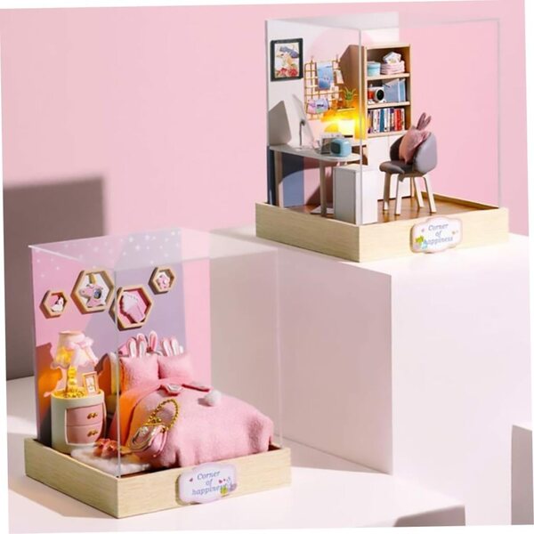 Casa delle Bambole in Miniatura Fai da Te in Legno con Luce LED e Copertura Antipolvere