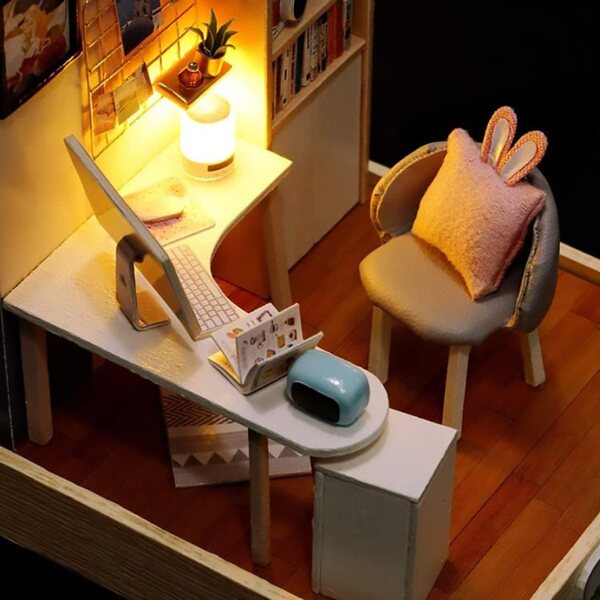 Casa delle Bambole in Miniatura Fai da Te in Legno con Luce LED e Copertura Antipolvere