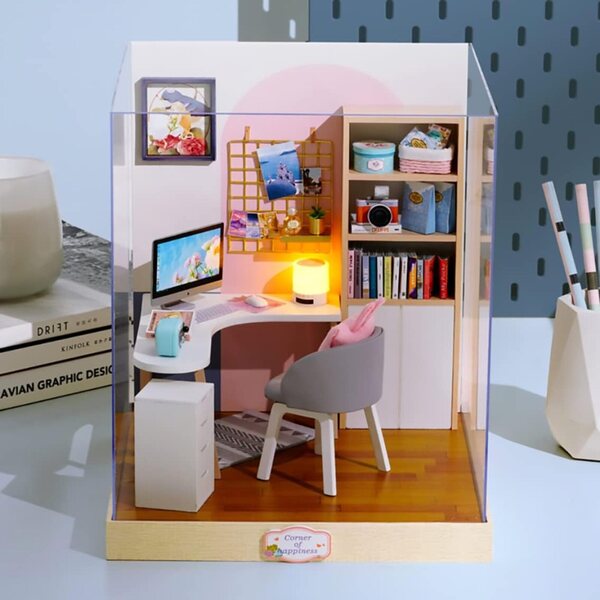 Casa delle Bambole in Miniatura Fai da Te in Legno con Luce LED e Copertura Antipolvere