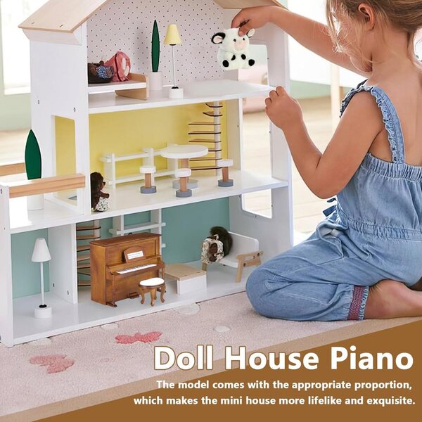 YARNOW Mini Pianoforte in Legno con Sgabello per Casa delle Bambole, Accessori Decorativi
