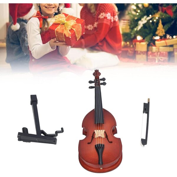 Mini-Violin aus Lindenholz mit Ständer, detaillierter und tragbarer musikalischer Dekoration