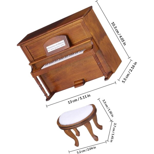 ORFOFE Mini Pianoforte Verticale e Sgabello in Legno Noce per Casa delle Bambole
