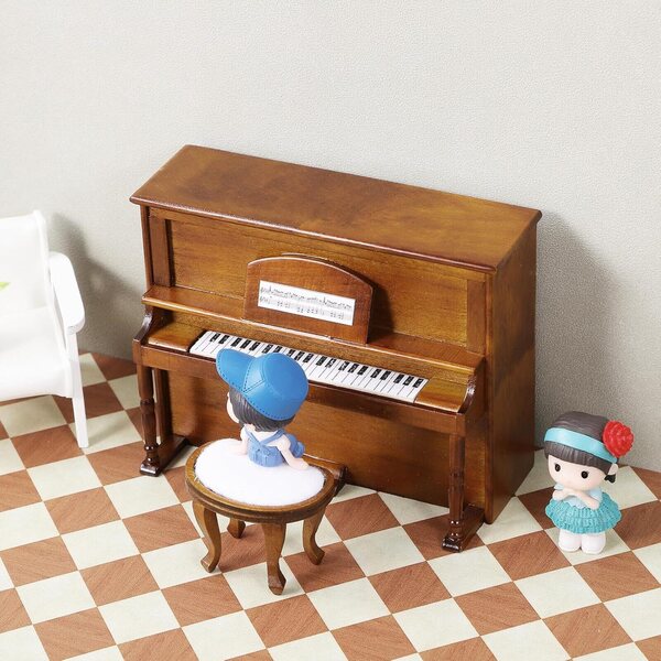 ORFOFE Mini Pianoforte Verticale e Sgabello in Legno Noce per Casa delle Bambole