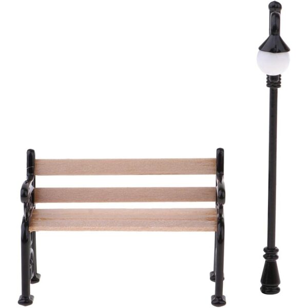 Miniature 1:12 Set Giardino con Panca in Legno e Lampione Decorativo Metallizzato