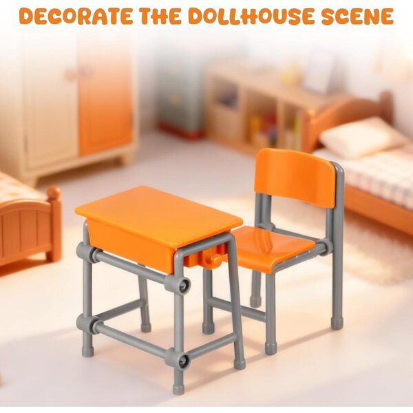 Set 4 Pezzi Mobili Scolastici Miniatura Scrivanie e Sedie per Casa delle Bambole