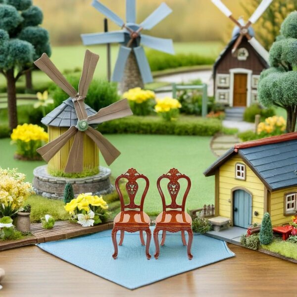 Set 2 Mini Sedie Vintage per Case delle Bambole in Lega di Zinco e Legno 7,6x4x3,7 cm