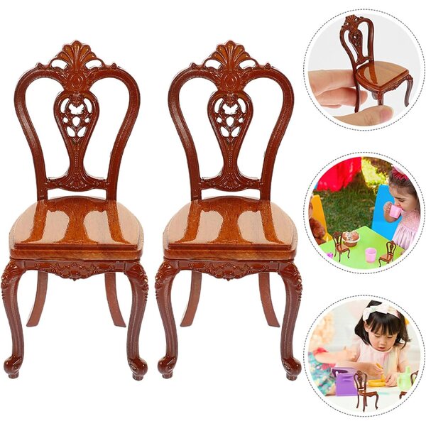 Set 2 Mini Sedie Vintage per Case delle Bambole in Lega di Zinco e Legno 7,6x4x3,7 cm