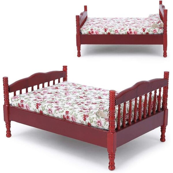 Letto in legno 1:12 marrone per casa delle bambole con piccolo motivo floreale