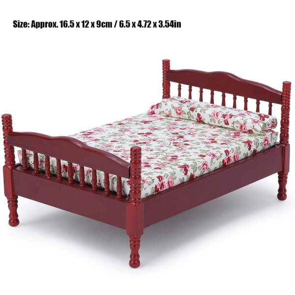 Letto in legno 1:12 marrone per casa delle bambole con piccolo motivo floreale