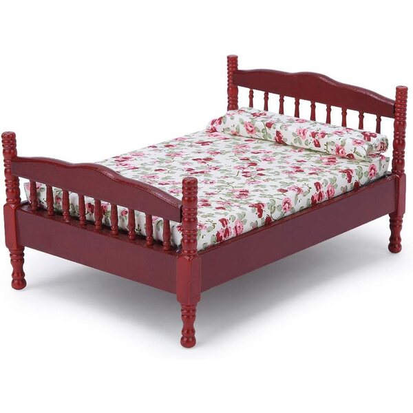 Letto in legno 1:12 marrone per casa delle bambole con piccolo motivo floreale
