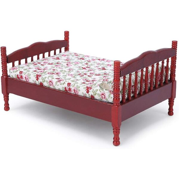 Letto in legno 1:12 marrone per casa delle bambole con piccolo motivo floreale