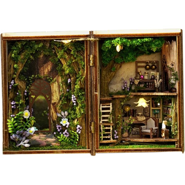 DIY 3D-Wunderland-Wald-Minihaus-Bausatz mit dekorativen LED-Lichtern aus Holz
