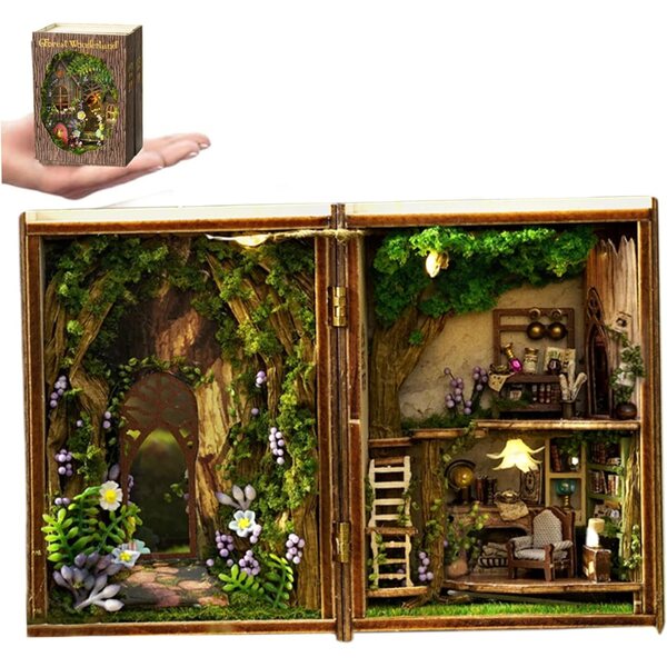 DIY 3D-Wunderland-Wald-Minihaus-Bausatz mit dekorativen LED-Lichtern aus Holz