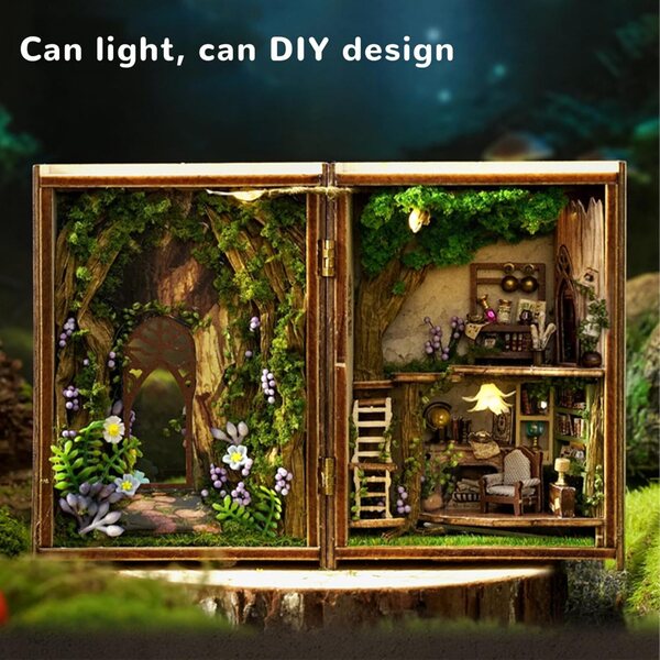 DIY 3D-Wunderland-Wald-Minihaus-Bausatz mit dekorativen LED-Lichtern aus Holz