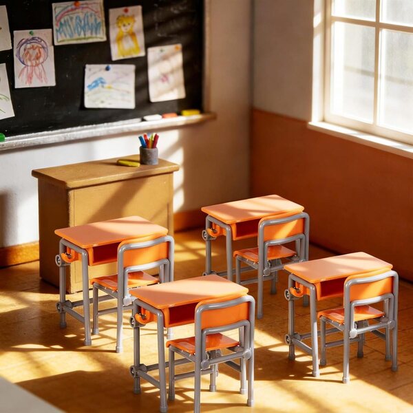 4-teiliges Miniatur-Schulmöbelset, Schreibtisch und Stuhl aus robustem Kunststoff