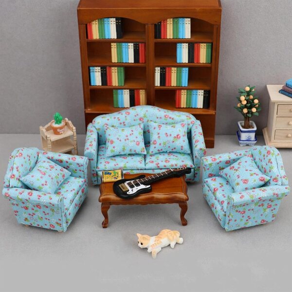 1/12 Miniatursofa für Puppenhäuser mit Kissen, moderne Wohnzimmermöbel