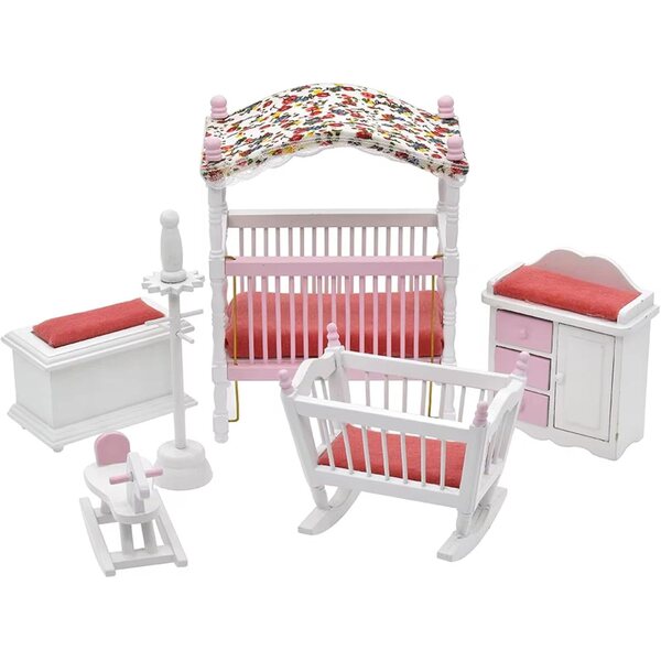 1:12 hölzernes Kindergartenmöbelset für Puppenhäuser mit Schaukel und Kleiderschrank