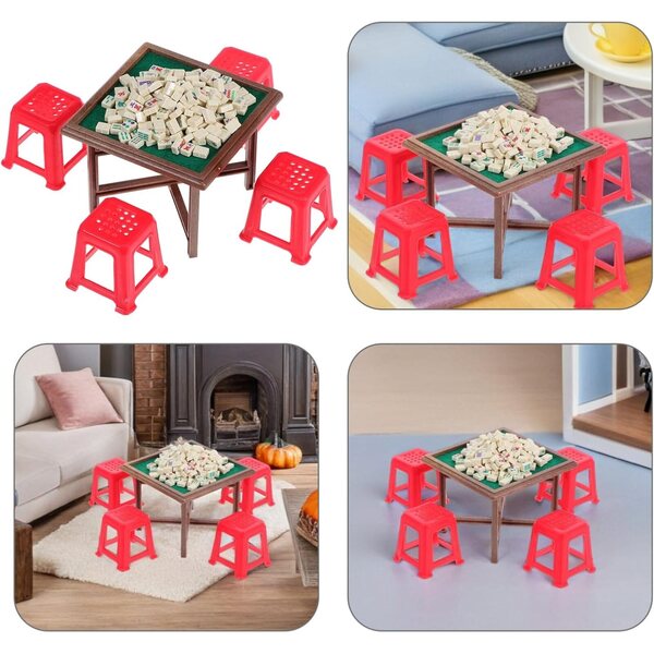 Set Miniatura Tavolo e Sedie Mahjong per Casa delle Bambole in Plastica 8,7x4x4 cm