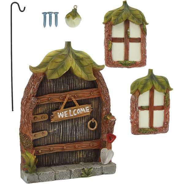 RIZGHWOY Miniatur-Fantasie-Tür- und Fenster-Set mit Laterne zum Dekorieren von Bäumen im Freien