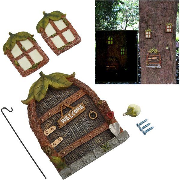 RIZGHWOY Miniatur-Fantasie-Tür- und Fenster-Set mit Laterne zum Dekorieren von Bäumen im Freien