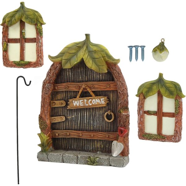 RIZGHWOY Miniatur-Fantasie-Tür- und Fenster-Set mit Laterne zum Dekorieren von Bäumen im Freien