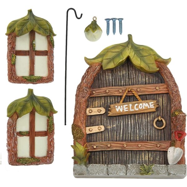 RIZGHWOY Miniatur-Fantasie-Tür- und Fenster-Set mit Laterne zum Dekorieren von Bäumen im Freien