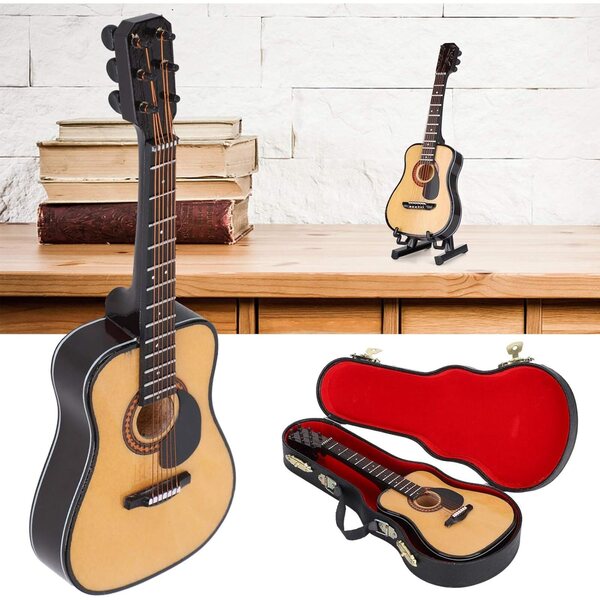 Mini-Gitarrenmodell aus Holz mit Ständer und Box, handgefertigte Dekoration, 20 cm