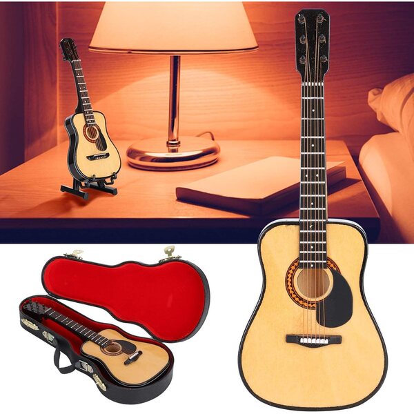 Mini-Gitarrenmodell aus Holz mit Ständer und Box, handgefertigte Dekoration, 20 cm