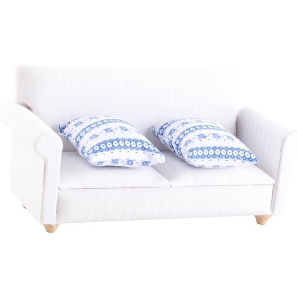 Mini canapé bianco in legno e cotone per casa delle bambole, con cuscini decorativi