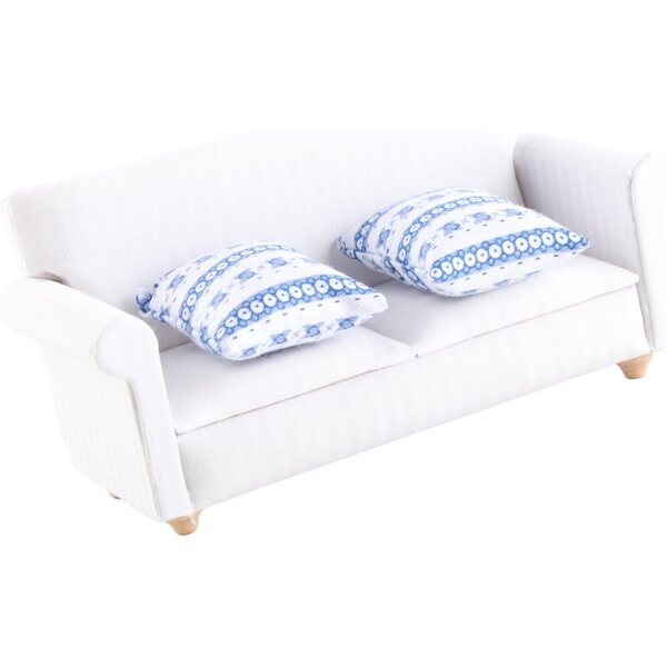 Mini canapé bianco in legno e cotone per casa delle bambole, con cuscini decorativi