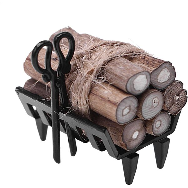 Étagère miniature pour bois de chauffage in legno e metallo, accessorio per case delle bambole