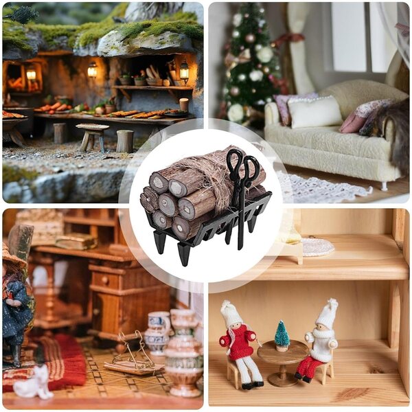 Étagère miniature pour bois de chauffage in legno e metallo, accessorio per case delle bambole