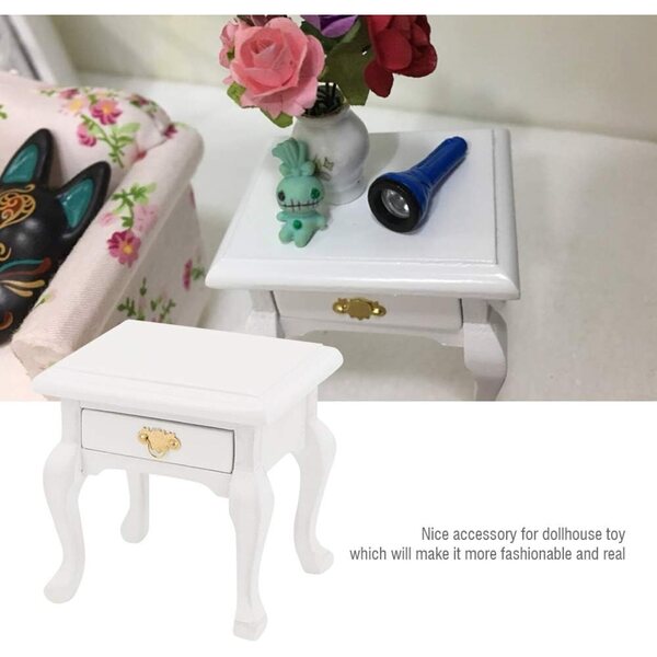 Table da notte vintage in legno bianco per casa bambole 1:12, miniatura funzionale