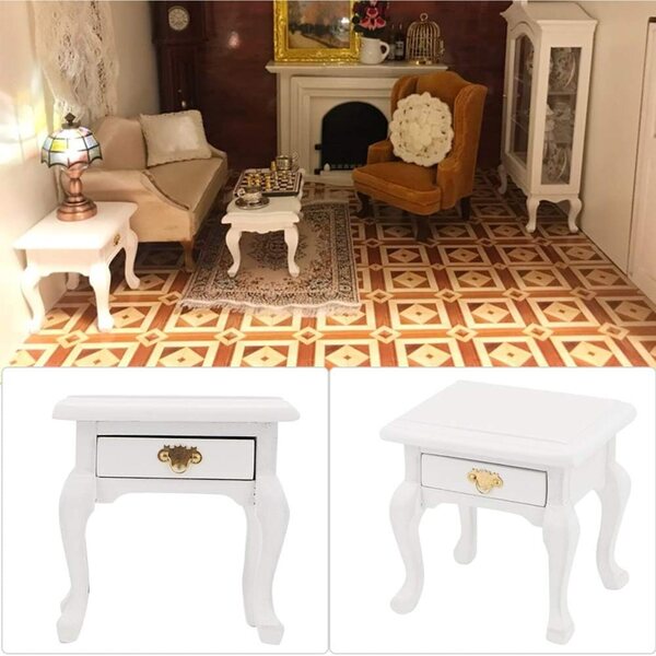 Table da notte vintage in legno bianco per casa bambole 1:12, miniatura funzionale
