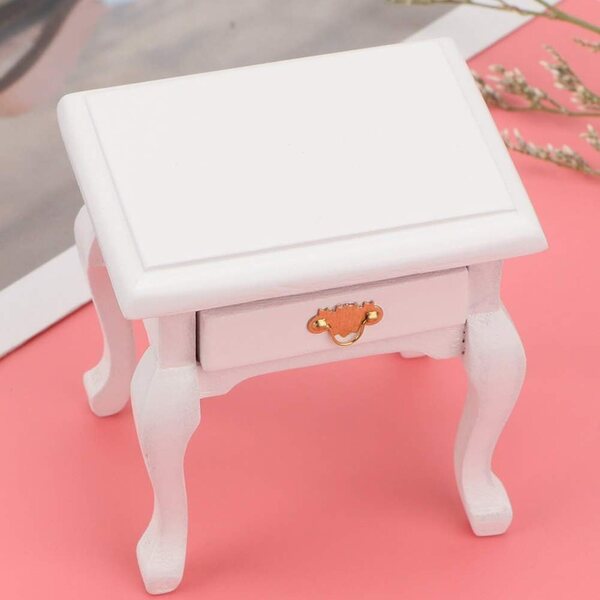 Table da notte vintage in legno bianco per casa bambole 1:12, miniatura funzionale