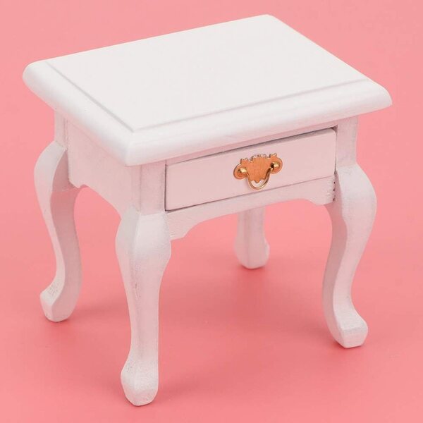 Table da notte vintage in legno bianco per casa bambole 1:12, miniatura funzionale