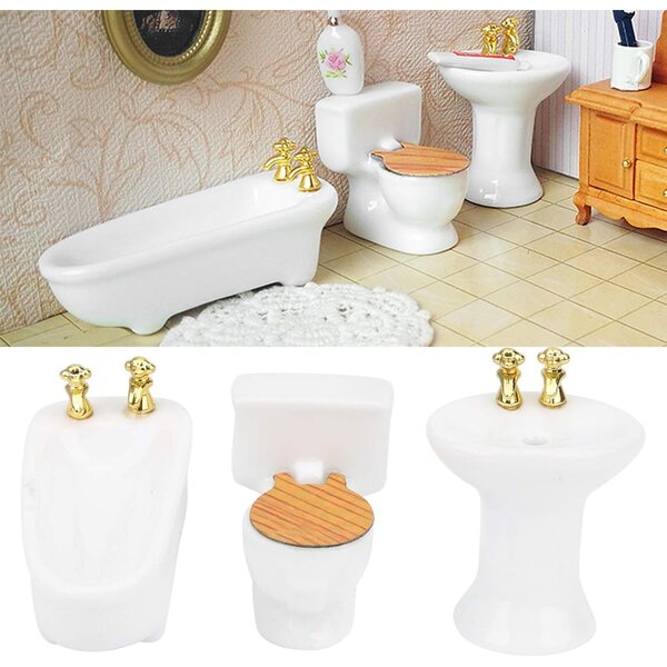 Cosiki Set Bagno Miniatura 1/24 Casa delle Bambole Vasca, WC e Lavandino Ceramica