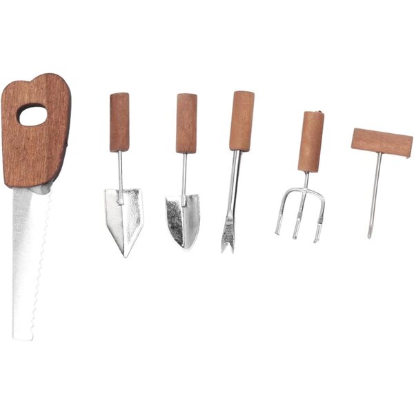 Set mini attrezzi da giardinaggio per casa delle bambole, 6 pezzi in legno e metallo