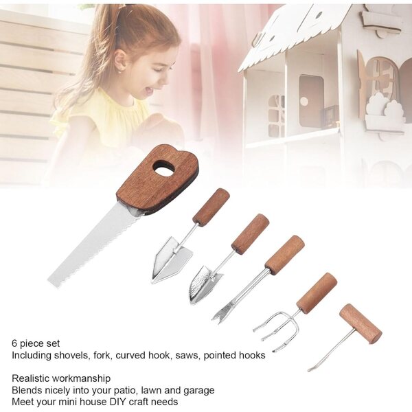 Puppenhaus Mini-Gartenwerkzeug-Set, 6-teilig aus Holz und Metall