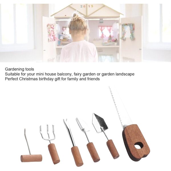Puppenhaus Mini-Gartenwerkzeug-Set, 6-teilig aus Holz und Metall