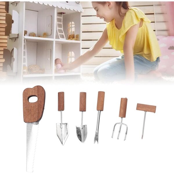 Puppenhaus Mini-Gartenwerkzeug-Set, 6-teilig aus Holz und Metall